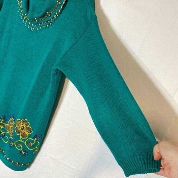 Vintage Victoria Jones Beaded Oversized Green Ramie Cotton Cowl Neck Sweater L - Picture 11 of 16